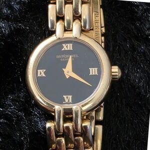 Vintage Raymond Weil Watch Women 18k Gold Plated Black Dial Panther link 5806-2